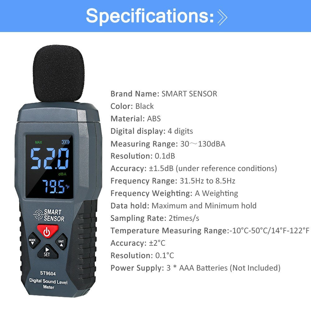 Mini Digital Sound Level Meter - SMART SENSOR ST9604, LCD Display, 30-130dBA Noise Measuring Instrument