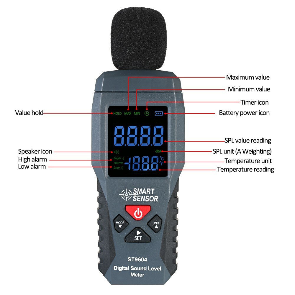 Mini Digital Sound Level Meter - SMART SENSOR ST9604, LCD Display, 30-130dBA Noise Measuring Instrument