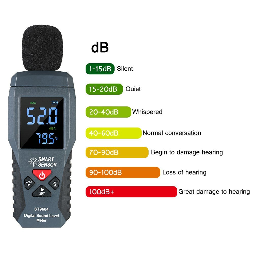 Mini Digital Sound Level Meter - SMART SENSOR ST9604, LCD Display, 30-130dBA Noise Measuring Instrument