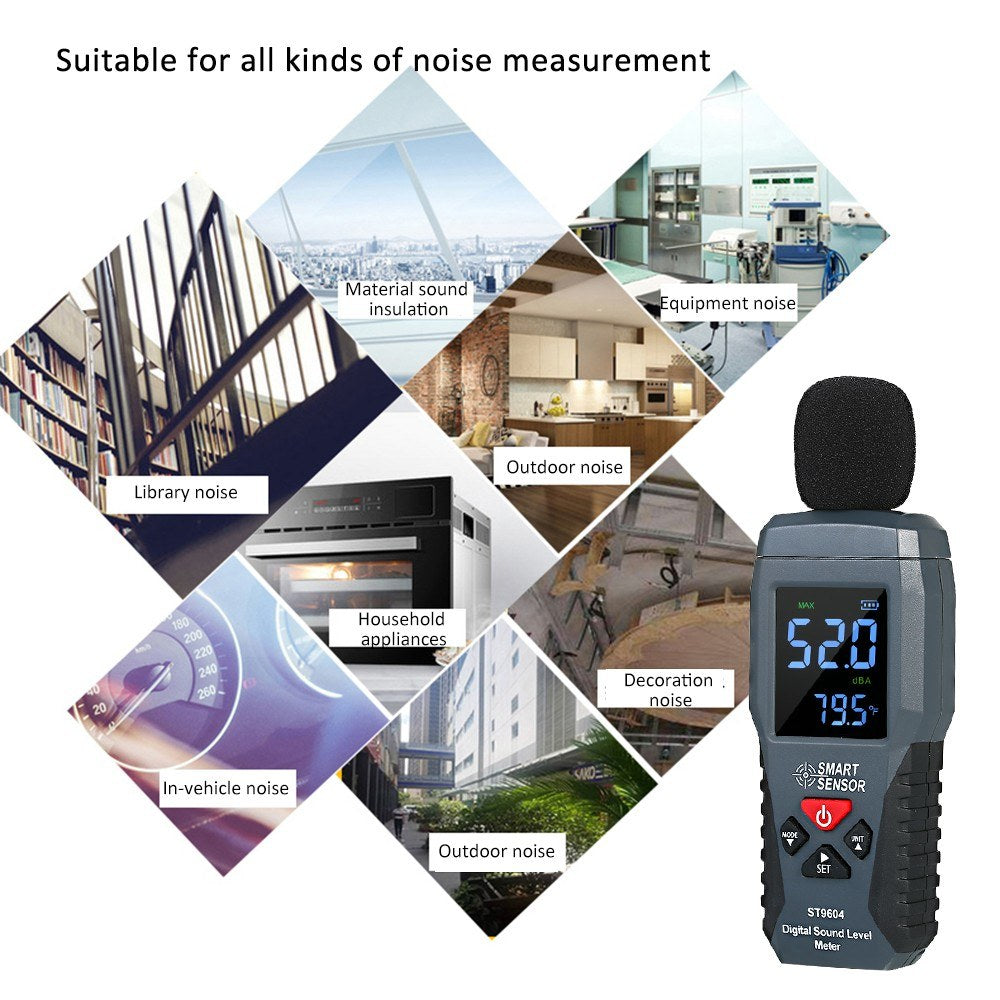 Mini Digital Sound Level Meter - SMART SENSOR ST9604, LCD Display, 30-130dBA Noise Measuring Instrument