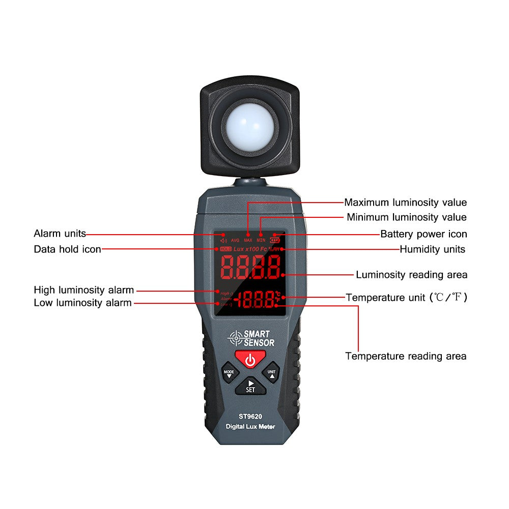 ST9620 Smart Sensor Digital Lux Meter - Handheld LCD Illuminometer for 1-200000 Lux
