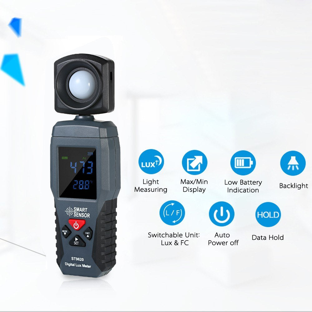 ST9620 Smart Sensor Digital Lux Meter - Handheld LCD Illuminometer for 1-200000 Lux