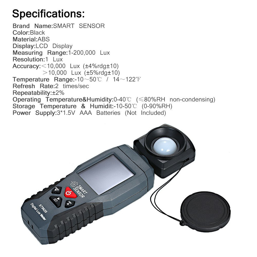 ST9620 Smart Sensor Digital Lux Meter - Handheld LCD Illuminometer for 1-200000 Lux