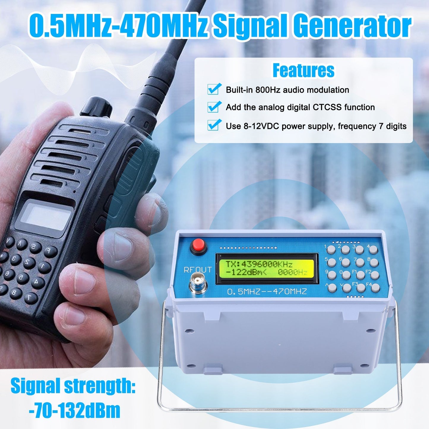 0.5MHz-470MHz RF Signal Generator & Meter for FM Radio, Walkie-Talkie Debugging with Digital CTCSS Signal Output