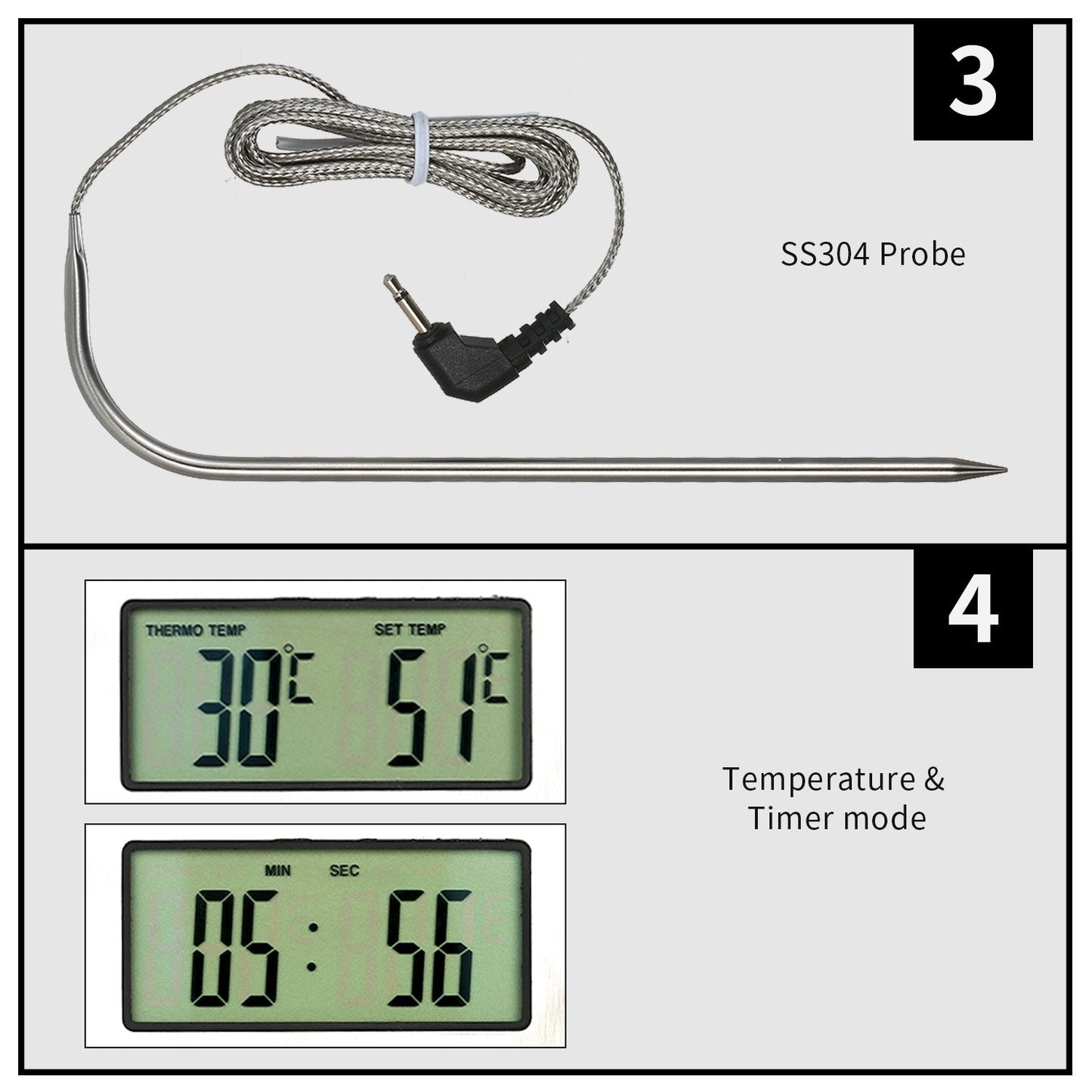 Digital BBQ Grill Food Thermometer with LCD Display & Alarm Timer 0-250°C for Kitchen & Barbecue