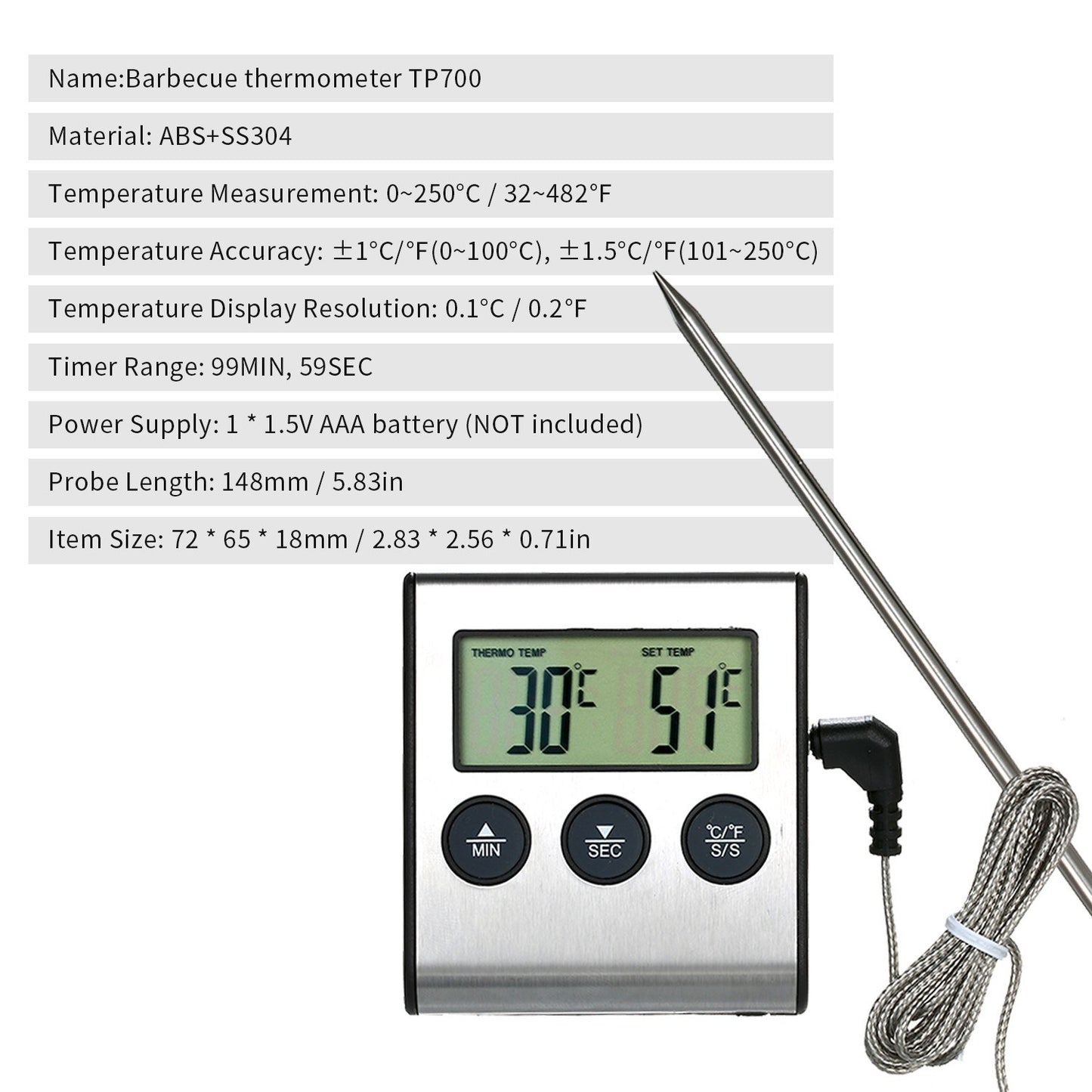 Digital BBQ Grill Food Thermometer with LCD Display & Alarm Timer 0-250°C for Kitchen & Barbecue