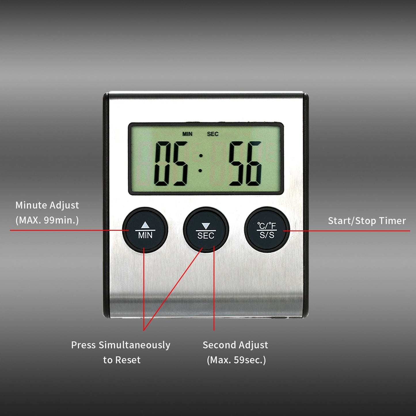 Digital BBQ Grill Food Thermometer with LCD Display & Alarm Timer 0-250°C for Kitchen & Barbecue