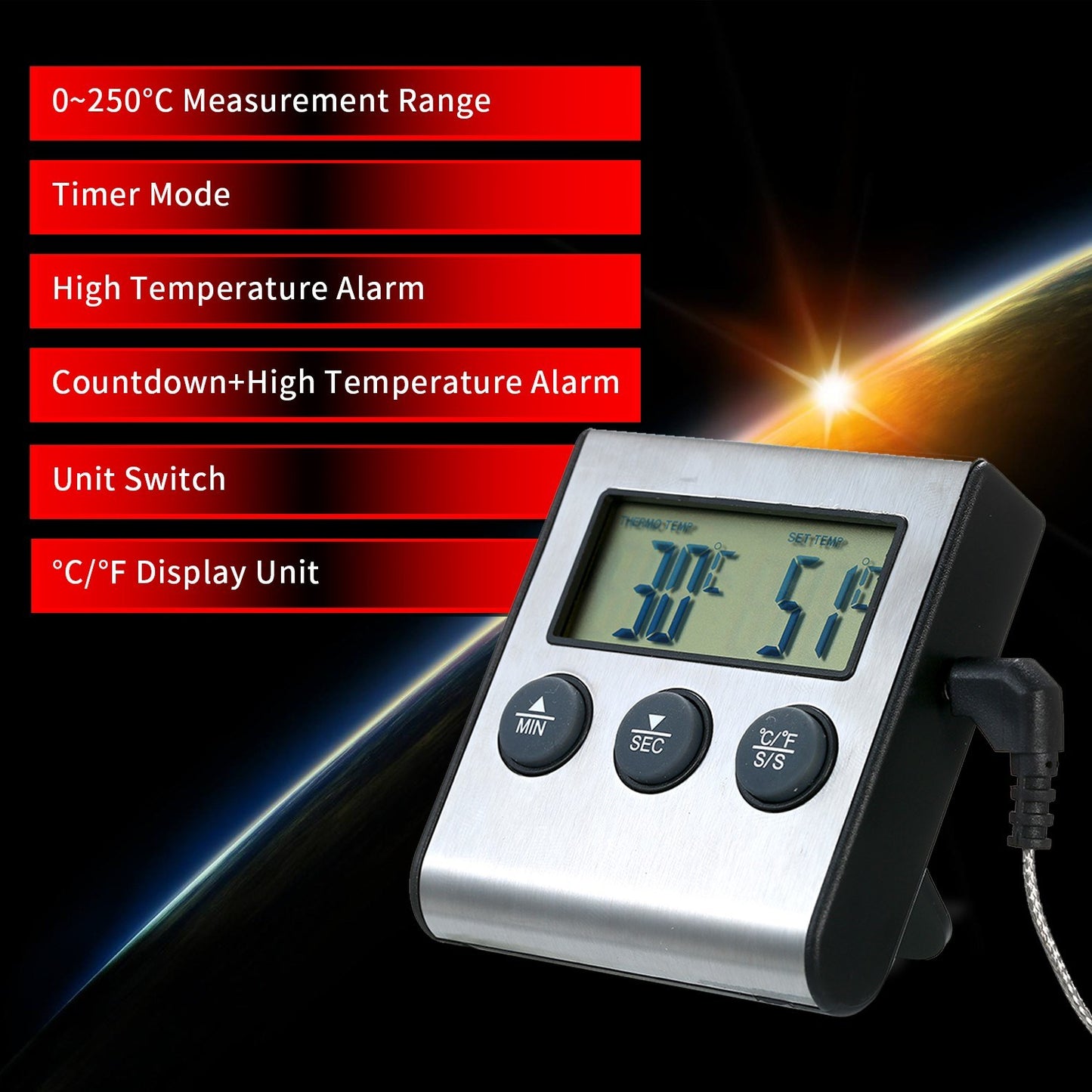 Digital BBQ Grill Food Thermometer with LCD Display & Alarm Timer 0-250°C for Kitchen & Barbecue