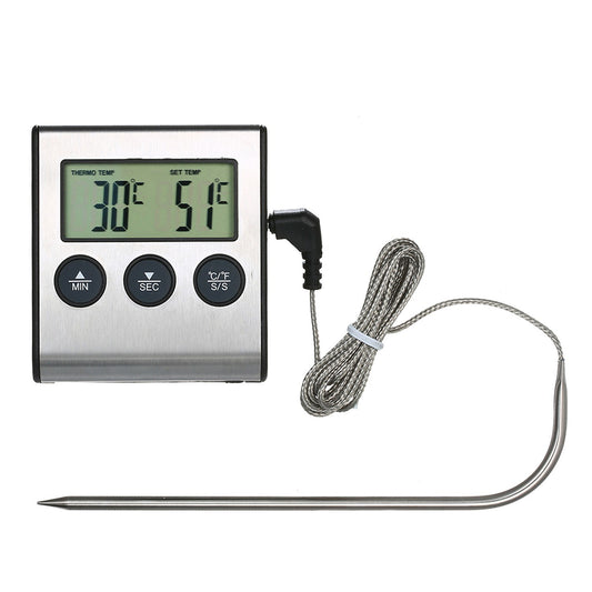 Digital BBQ Grill Food Thermometer with LCD Display & Alarm Timer 0-250°C for Kitchen & Barbecue