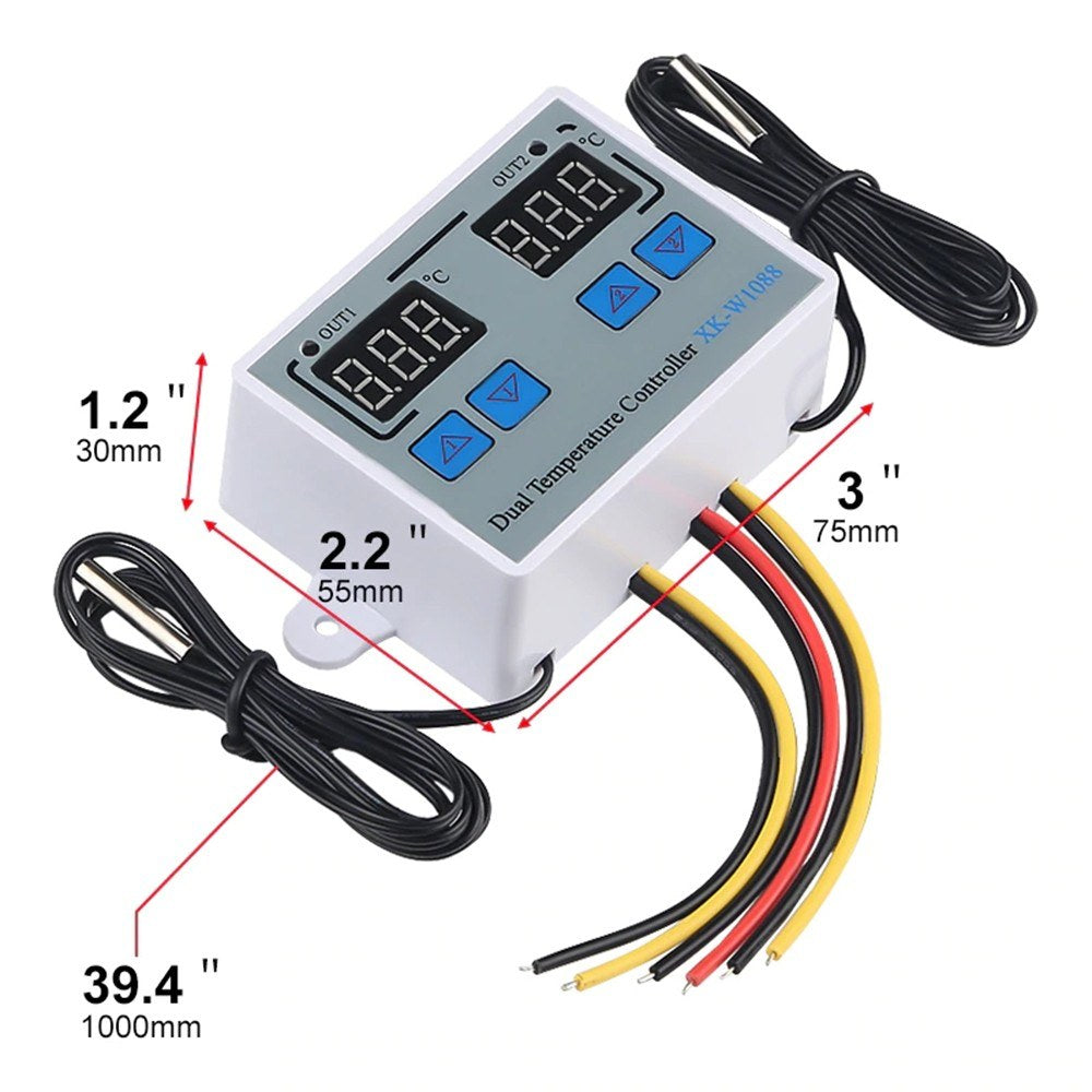 Dual Digital Thermostat Temperature Controller with Two Relay Outputs for Incubator Heating & Cooling, XK-W1088 AC110-220V