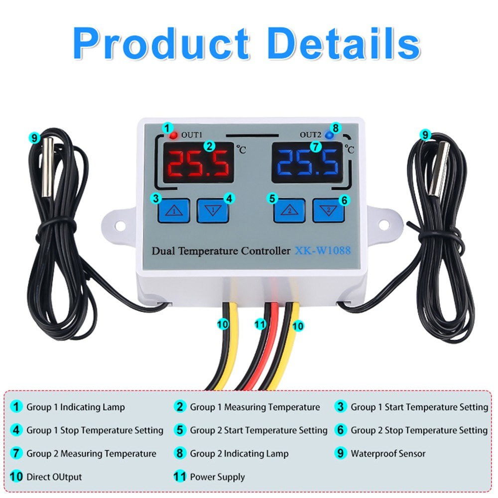 Dual Digital Thermostat Temperature Controller with Two Relay Outputs for Incubator Heating & Cooling, XK-W1088 AC110-220V