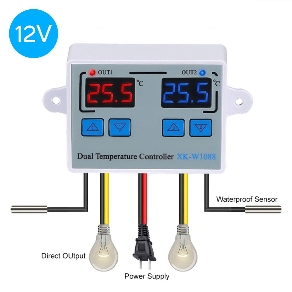 Dual Digital Thermostat Temperature Controller with Two Relay Outputs for Incubator Heating & Cooling, XK-W1088 AC110-220V
