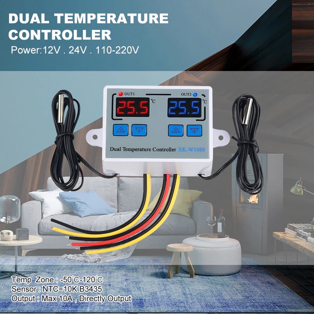 Dual Digital Thermostat Temperature Controller with Two Relay Outputs for Incubator Heating & Cooling, XK-W1088 AC110-220V