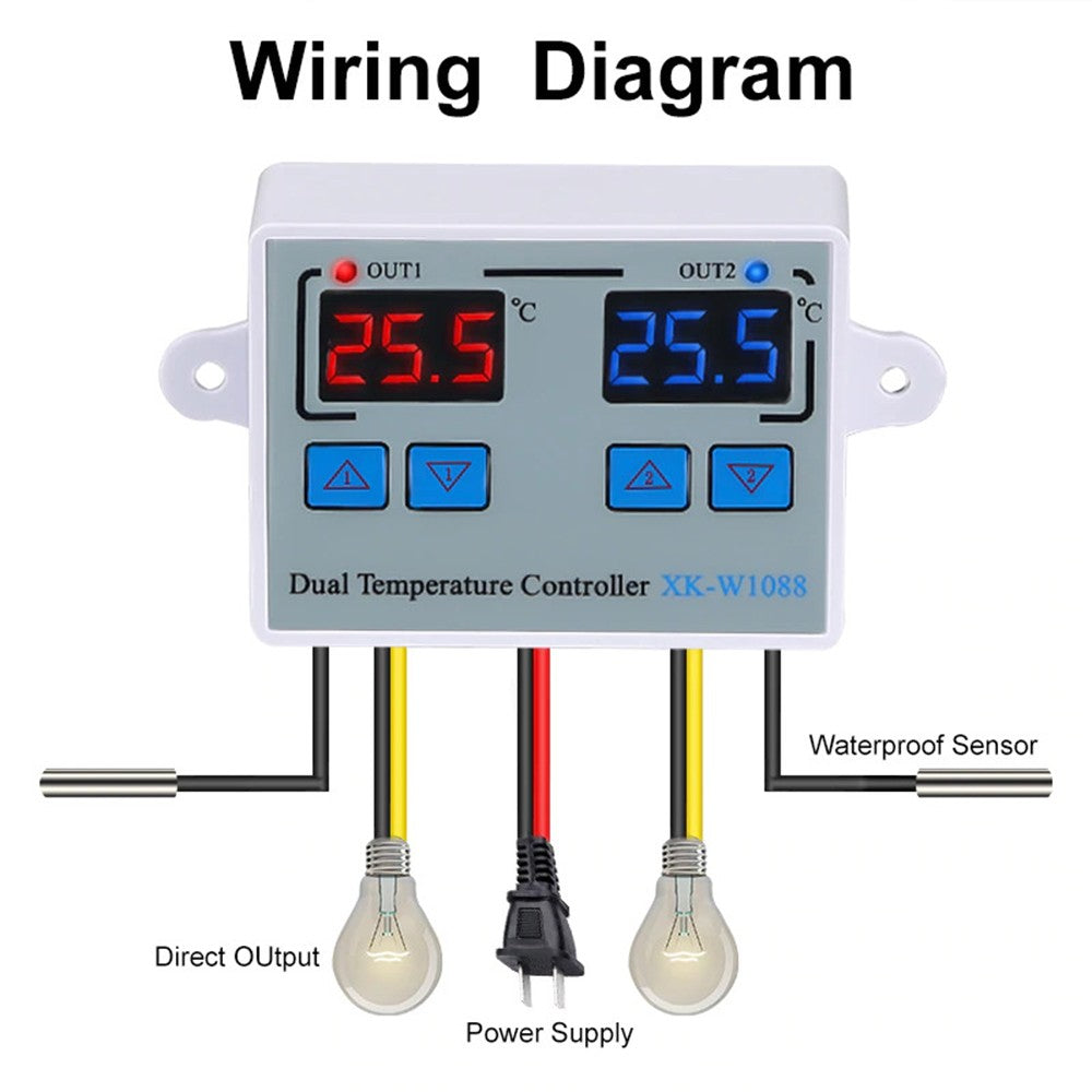 Dual Digital Thermostat Temperature Controller with Two Relay Outputs for Incubator Heating & Cooling, XK-W1088 AC110-220V