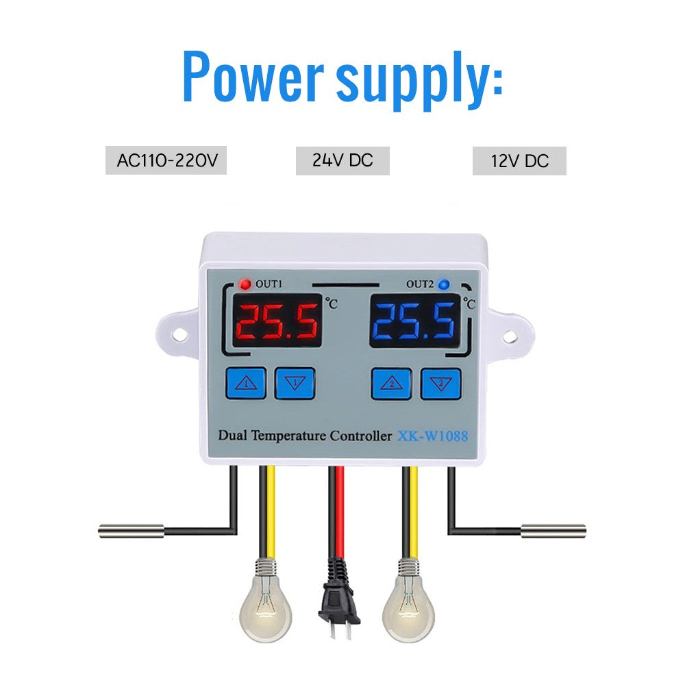 Dual Digital Thermostat Temperature Controller with Two Relay Outputs for Incubator Heating & Cooling, XK-W1088 AC110-220V