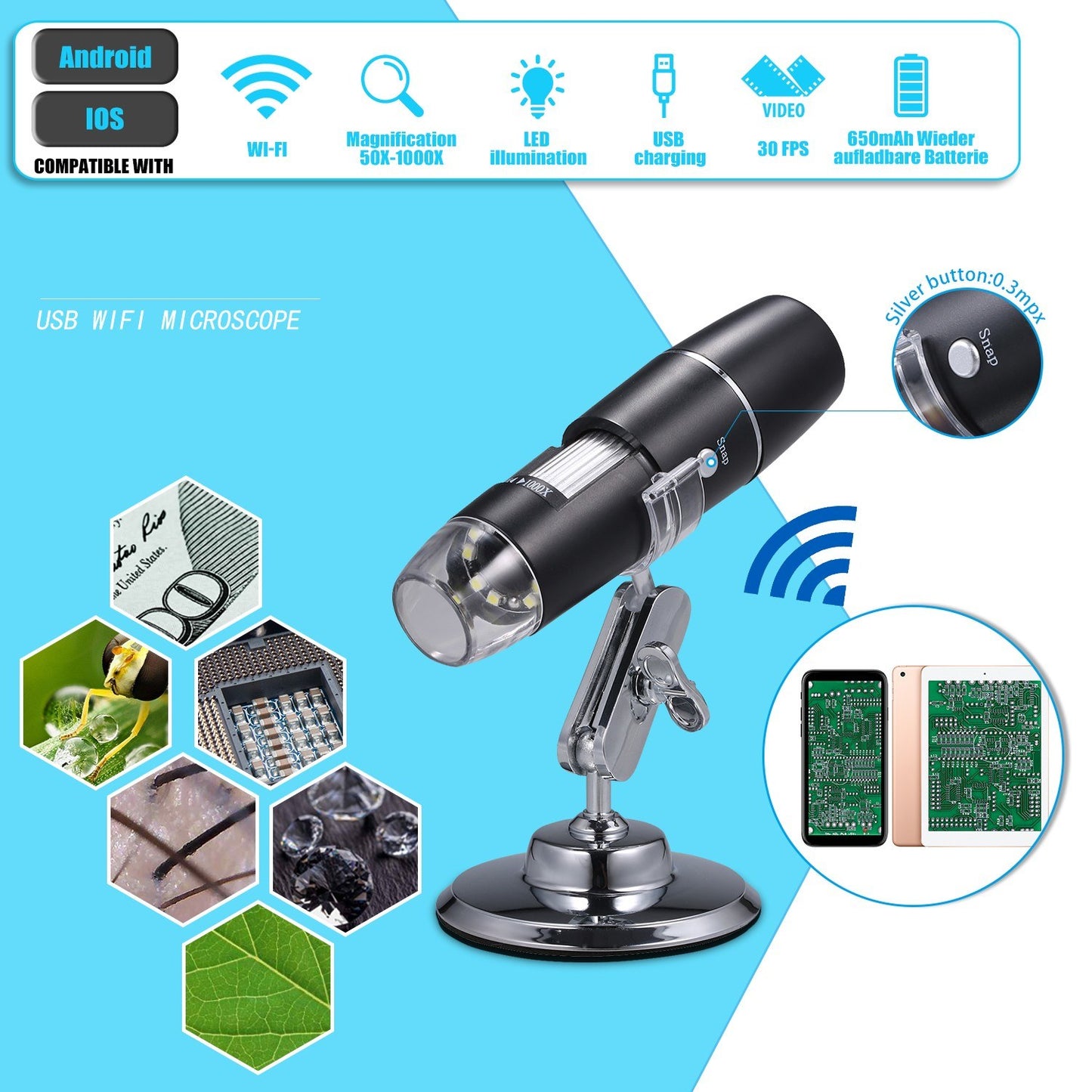 Portable WiFi Digital Microscope 1000x HD Magnification - Educational Gift for Kids, Christmas & Halloween