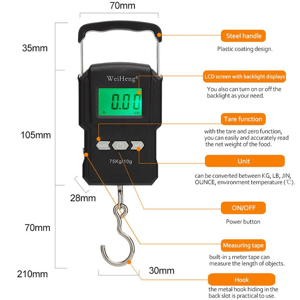 Portable Digital Hanging Hook Scale with Backlight, 75Kg/10g Capacity, Measuring Tape for Fishing & Postal Use