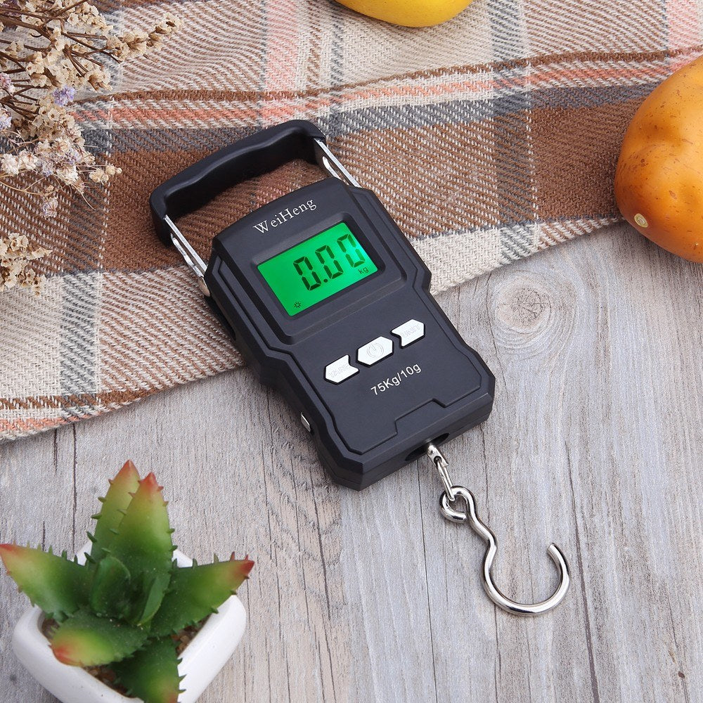 Portable Digital Hanging Hook Scale with Backlight, 75Kg/10g Capacity, Measuring Tape for Fishing & Postal Use