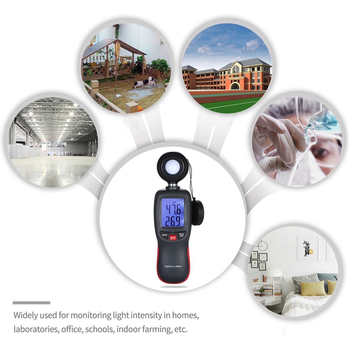 Handheld Digital Lux Meter with LCD Display - 0-200000 Lux Range, Max/Min/Data Hold Mode