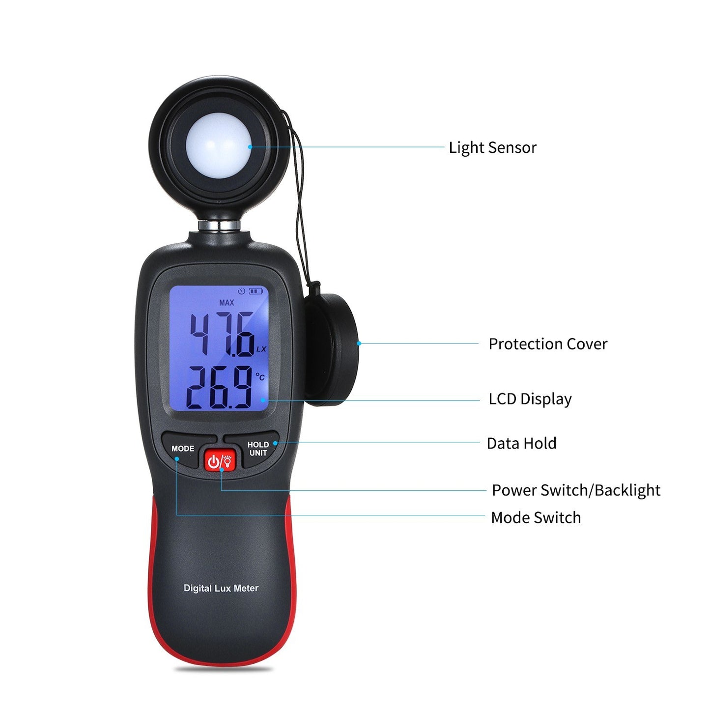 Handheld Digital Lux Meter with LCD Display - 0-200000 Lux Range, Max/Min/Data Hold Mode