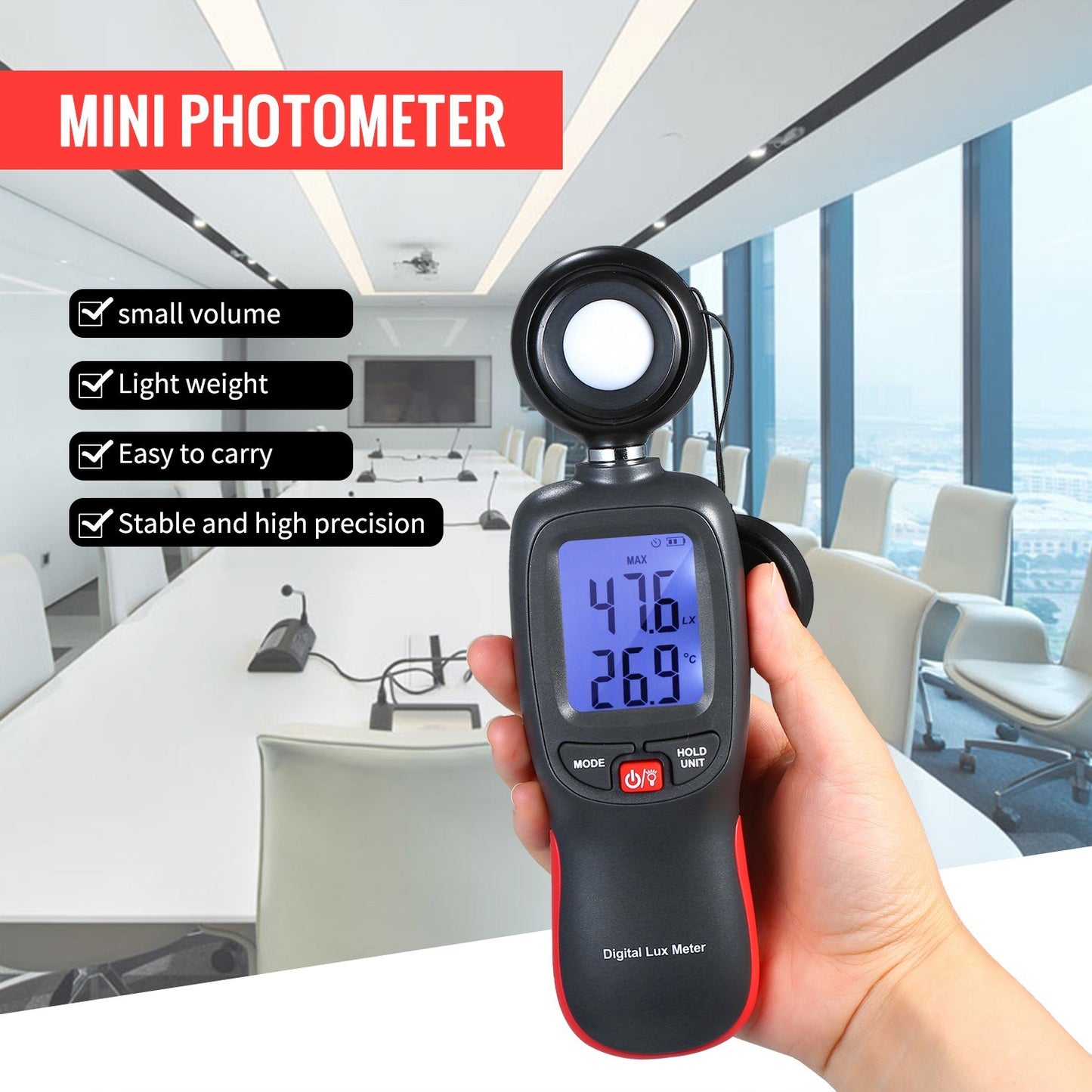 Handheld Digital Lux Meter with LCD Display - 0-200000 Lux Range, Max/Min/Data Hold Mode