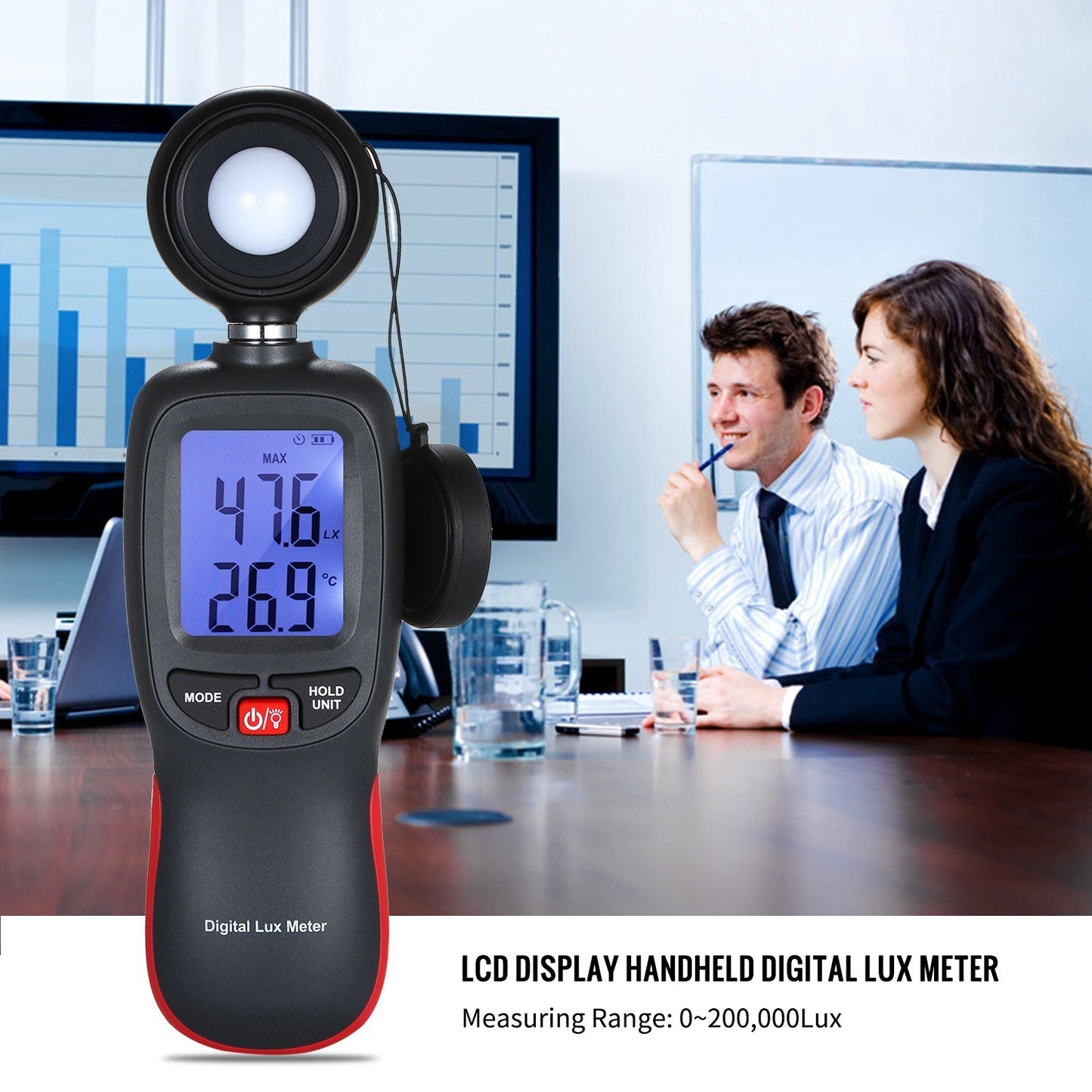 Handheld Digital Lux Meter with LCD Display - 0-200000 Lux Range, Max/Min/Data Hold Mode