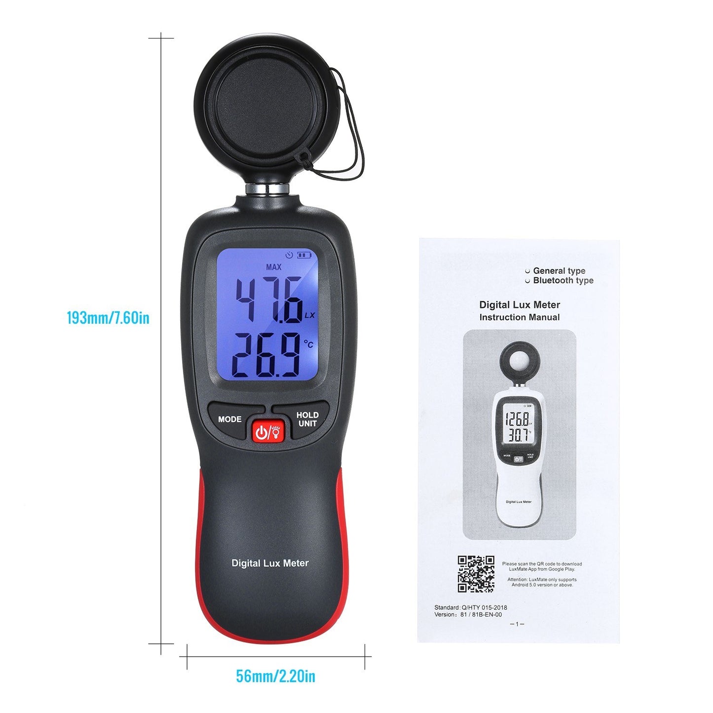 Handheld Digital Lux Meter with LCD Display - 0-200000 Lux Range, Max/Min/Data Hold Mode