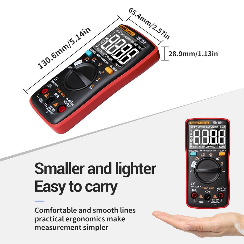 ANENG AN113D Digital Multimeter - 6000 Counts True RMS Auto-Ranging AC/DC Tester with Temperature Measurement LCD Display