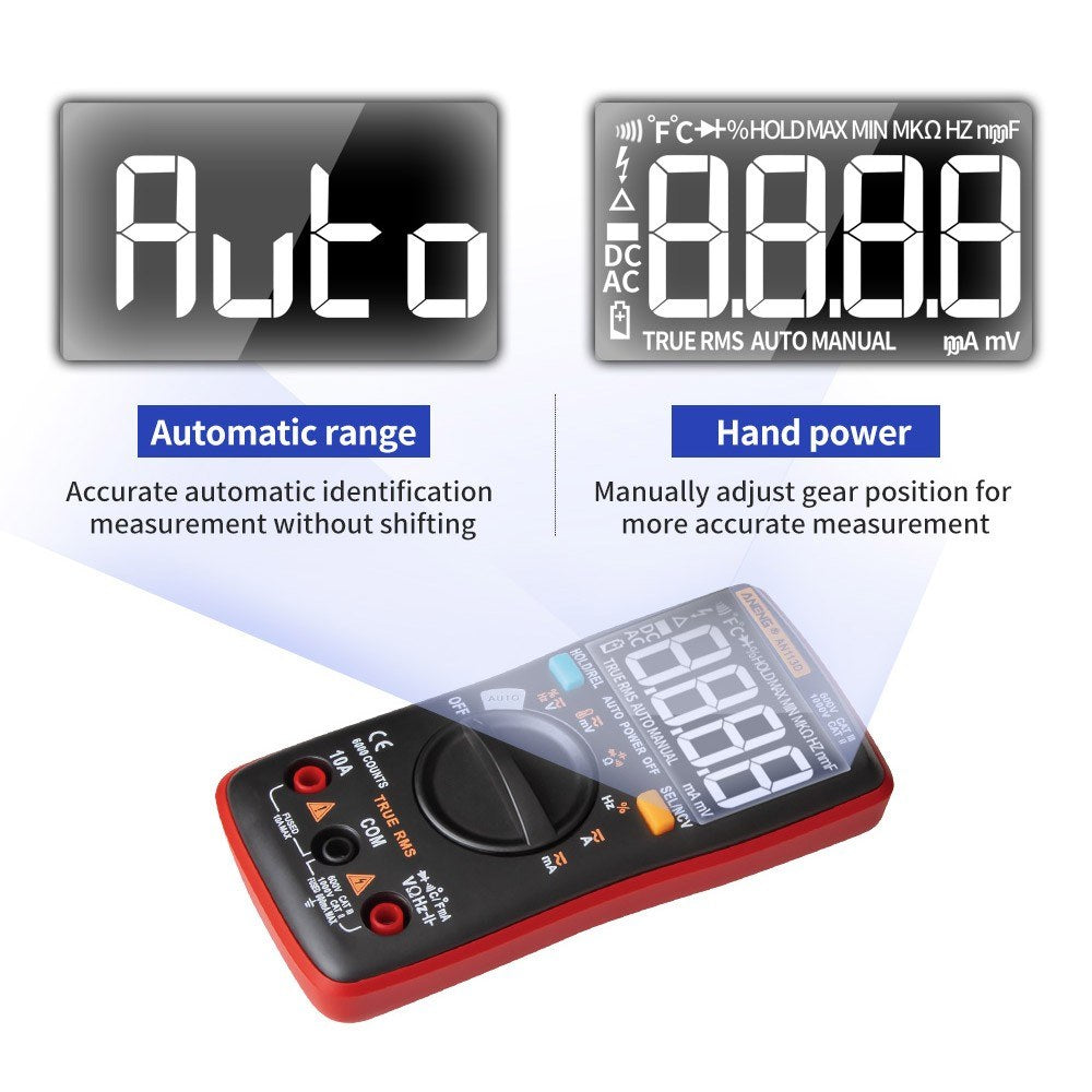 ANENG AN113D Digital Multimeter - 6000 Counts True RMS Auto-Ranging AC/DC Tester with Temperature Measurement LCD Display