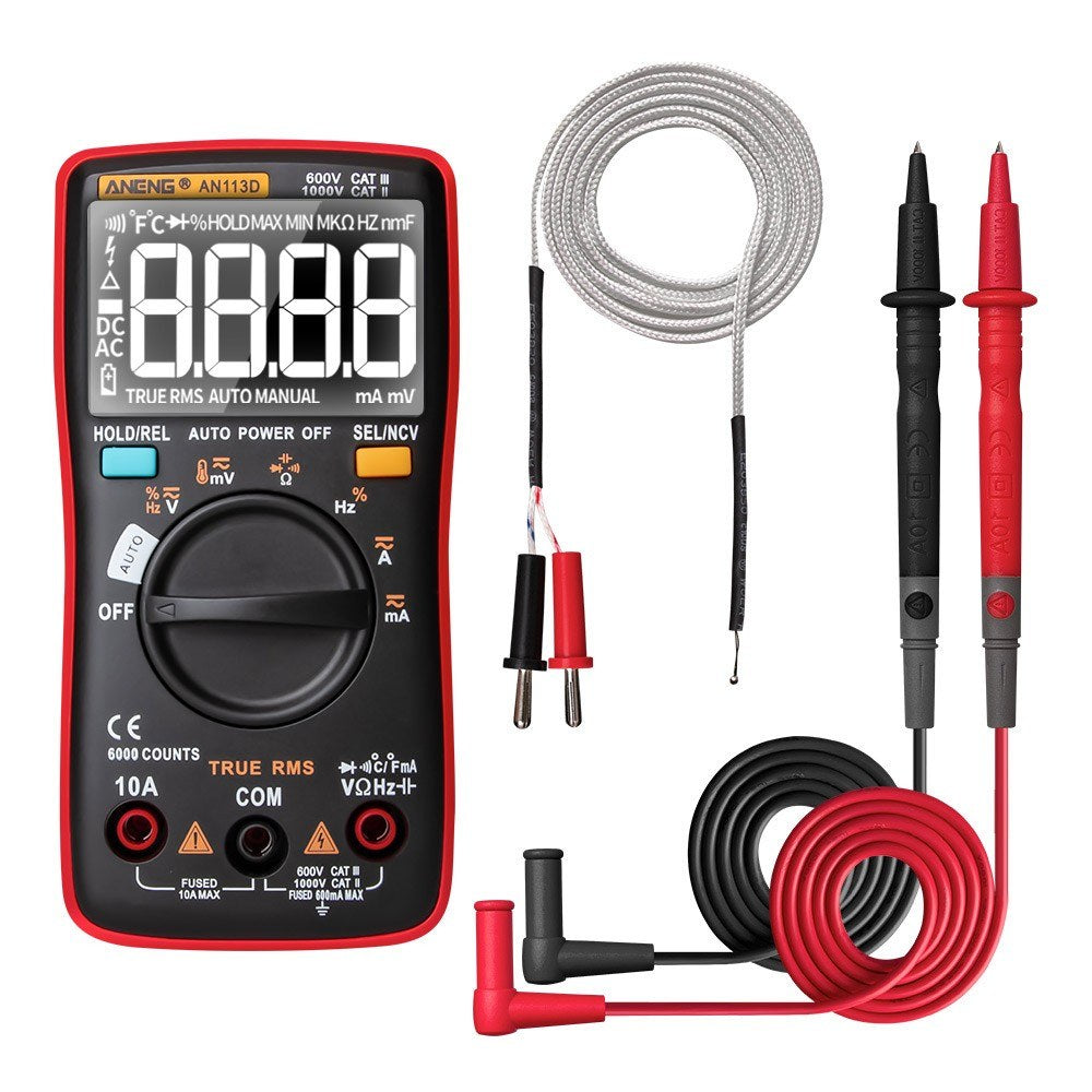 ANENG AN113D Digital Multimeter - 6000 Counts True RMS Auto-Ranging AC/DC Tester with Temperature Measurement LCD Display