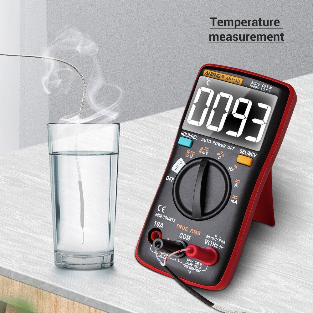 ANENG AN113D Digital Multimeter - 6000 Counts True RMS Auto-Ranging AC/DC Tester with Temperature Measurement LCD Display