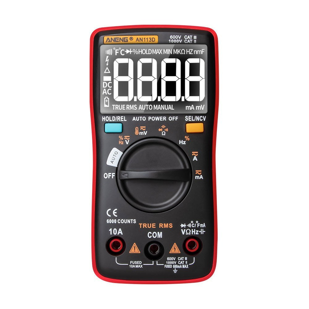 ANENG AN113D Digital Multimeter - 6000 Counts True RMS Auto-Ranging AC/DC Tester with Temperature Measurement LCD Display