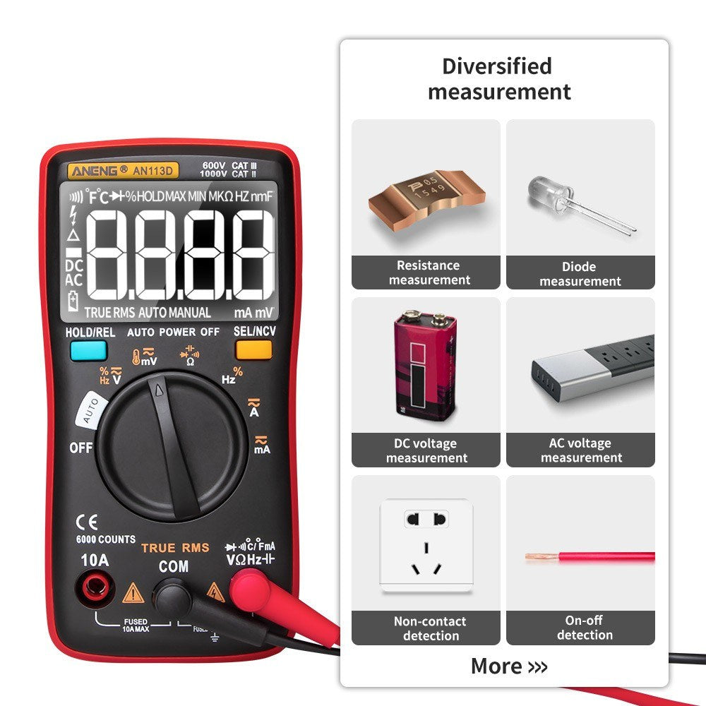 ANENG AN113D Digital Multimeter - 6000 Counts True RMS Auto-Ranging AC/DC Tester with Temperature Measurement LCD Display