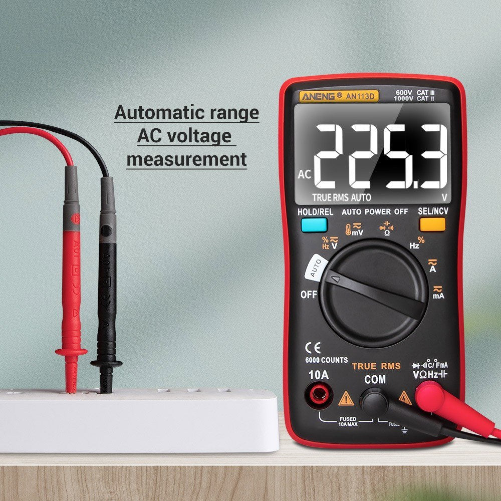 ANENG AN113D Digital Multimeter - 6000 Counts True RMS Auto-Ranging AC/DC Tester with Temperature Measurement LCD Display
