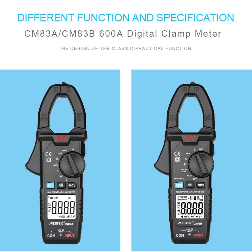 MESTEK 600A Clamp Meter Digital Multimeter - AC/DC Voltage, Capacitance, NCV Tester with Backlight & Data Hold