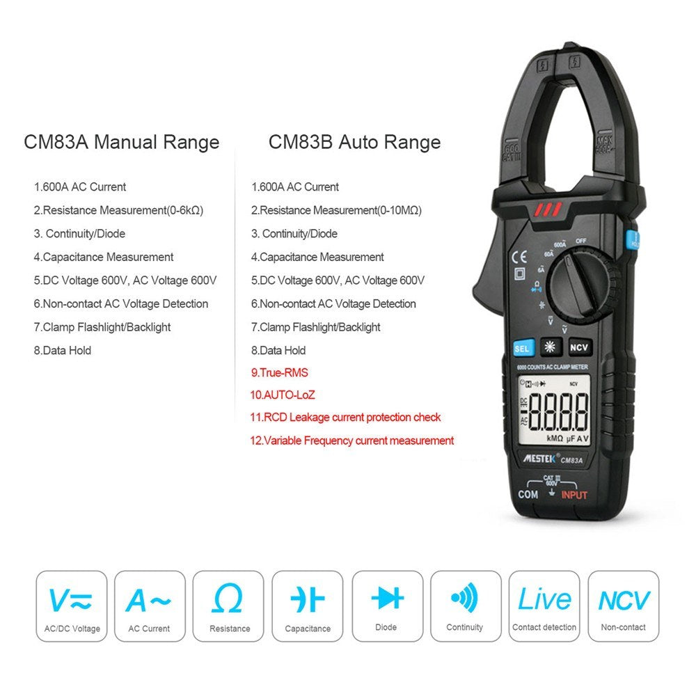 MESTEK 600A Clamp Meter Digital Multimeter - AC/DC Voltage, Capacitance, NCV Tester with Backlight & Data Hold