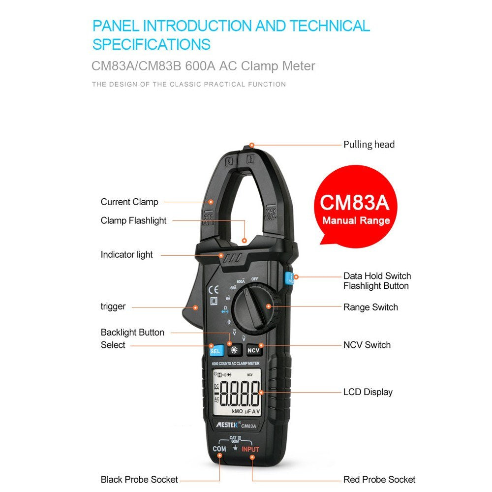 MESTEK 600A Clamp Meter Digital Multimeter - AC/DC Voltage, Capacitance, NCV Tester with Backlight & Data Hold