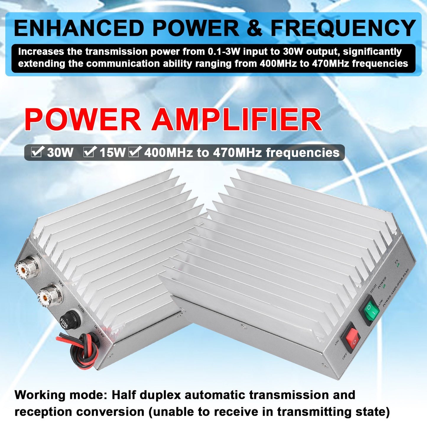 Adjustable 30W Handheld Power Amplifier, Half-Duplex, Low Loss, Stable Performance