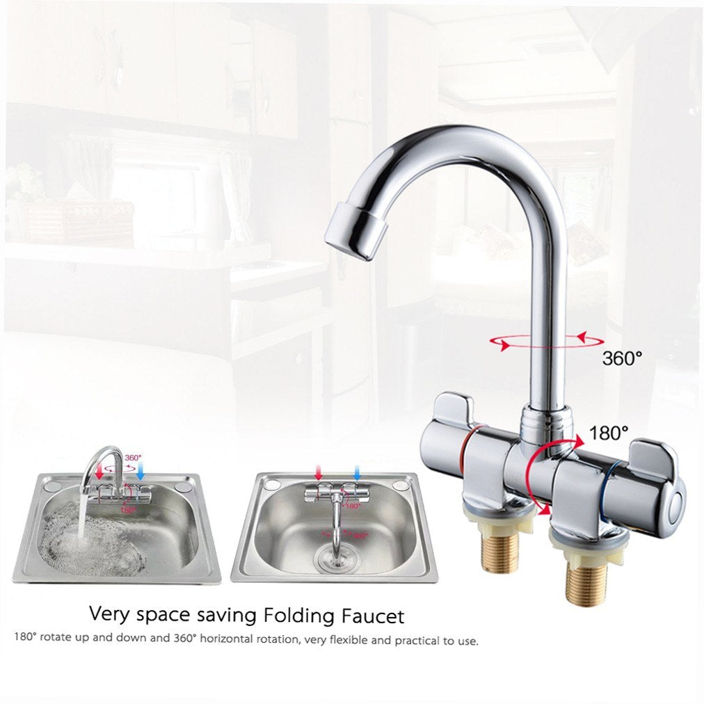 Foldable RV Kitchen Faucet - Rotating Two-Handle Hot/Cold Mixer for Deck/Wall Mount