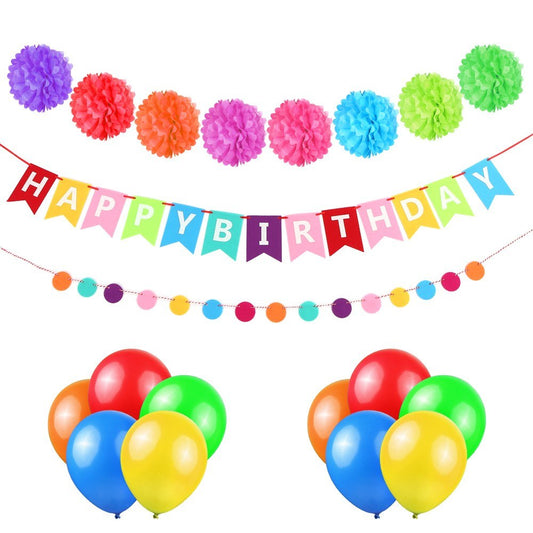 Colorful Birthday Party Decoration Kit: Happy Birthday Banner, Tissue Pom Poms, Circle Garland, Balloons for All Ages