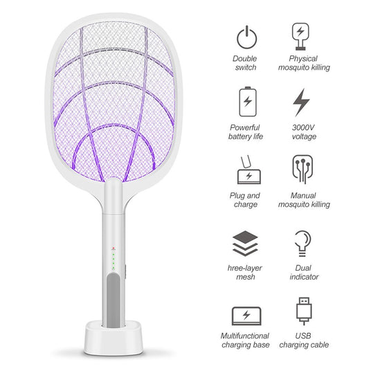 USB Rechargeable Electric Bug Zapper Racket - Mosquito & Fly Killer with LED Light, Safe 3-Layer Mesh