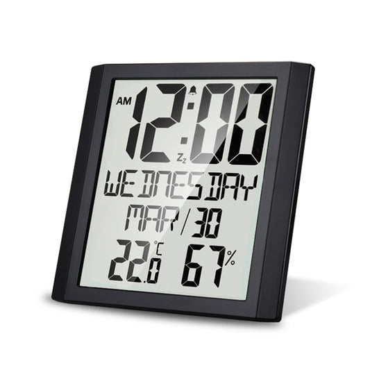 Black Digital Wall Clock, 8.6 Display, Temperature & Humidity Monitor, Alarm & Snooze, Indoor Thermo-hygrometer, for Home/Office