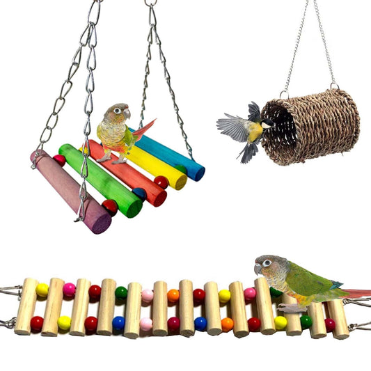 3-Piece Bird Parrot Toy Set: Wooden Ladder & Cage Swing