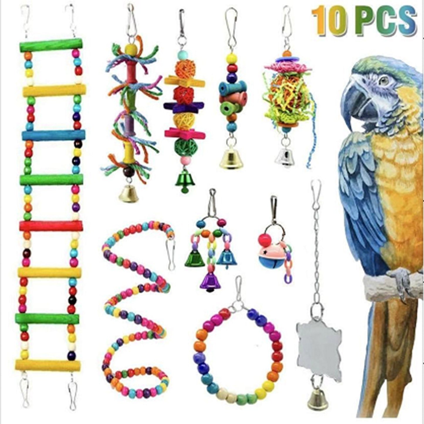 10-Piece Parrot Bird Toy Set: Swing, Climbing Rope Ladder, Chew Toys