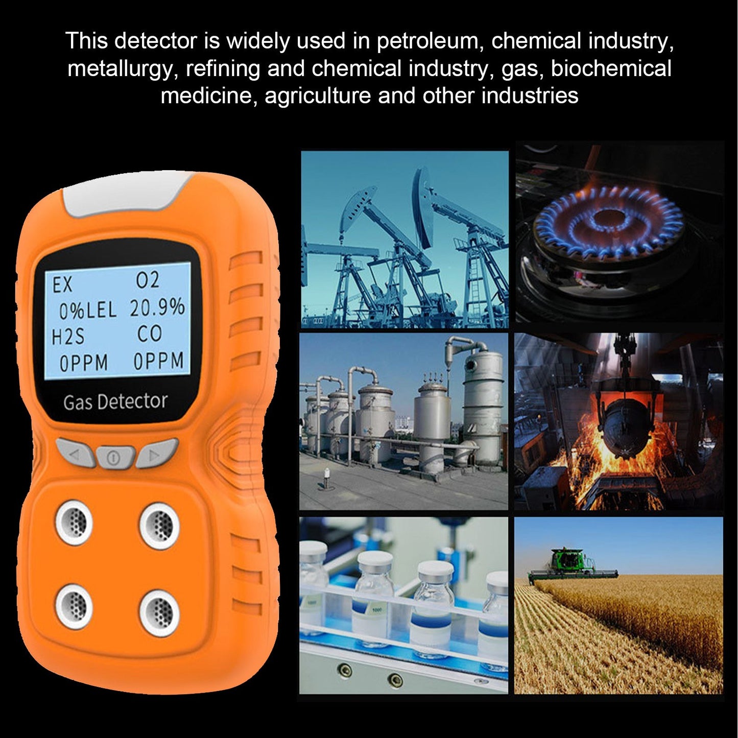 Portable 4-Gas Detector Analyzer: Rechargeable Digital CO Monitor with LCD Display, Sound, Light & Vibration Alarms for Air Quality Testing