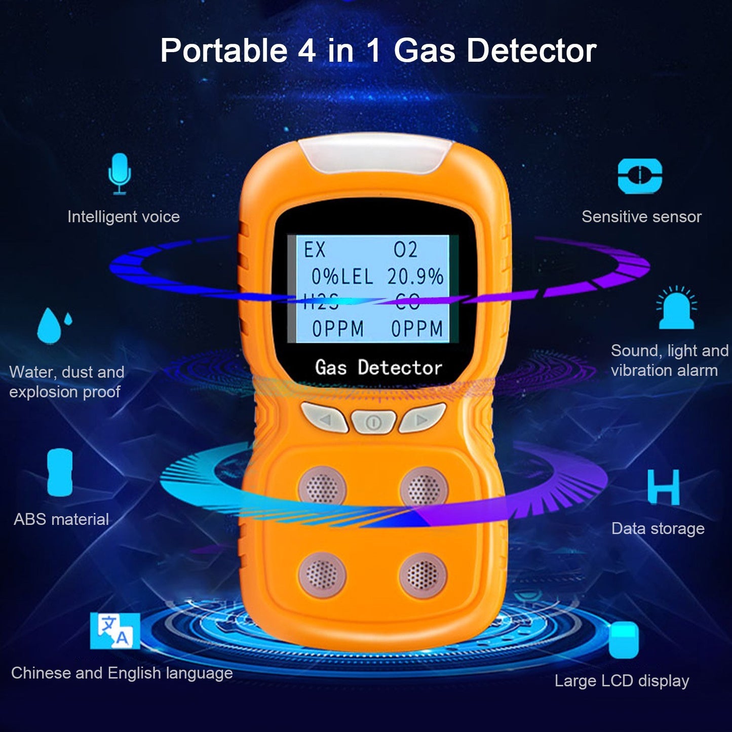Portable 4-Gas Detector Analyzer: Rechargeable Digital CO Monitor with LCD Display, Sound, Light & Vibration Alarms for Air Quality Testing