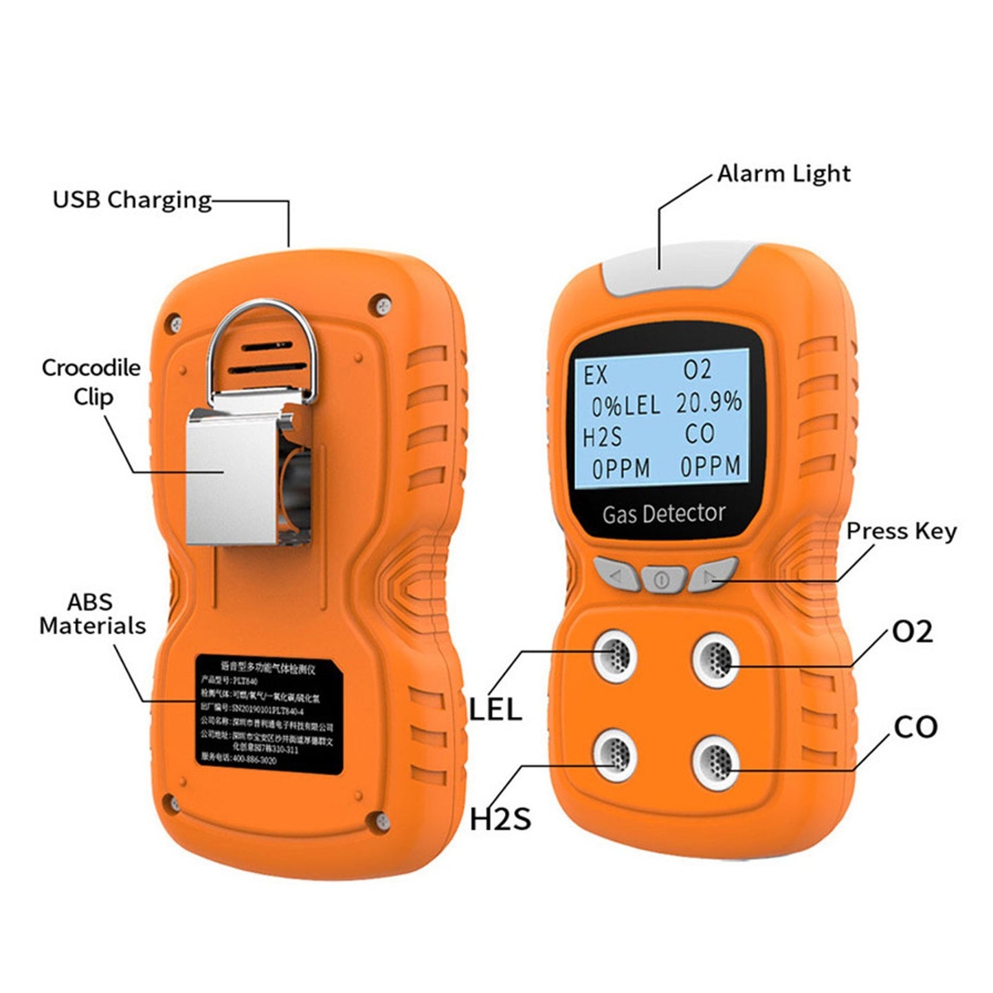 Portable 4-Gas Detector Analyzer: Rechargeable Digital CO Monitor with LCD Display, Sound, Light & Vibration Alarms for Air Quality Testing