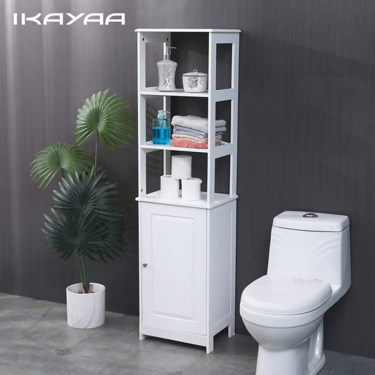 Tall Free Standing Bathroom Cabinet with 3-Tier Open Shelves, Adjustable Shelf, and Single Door - Minimalist Storage Tower for Limited Spaces
