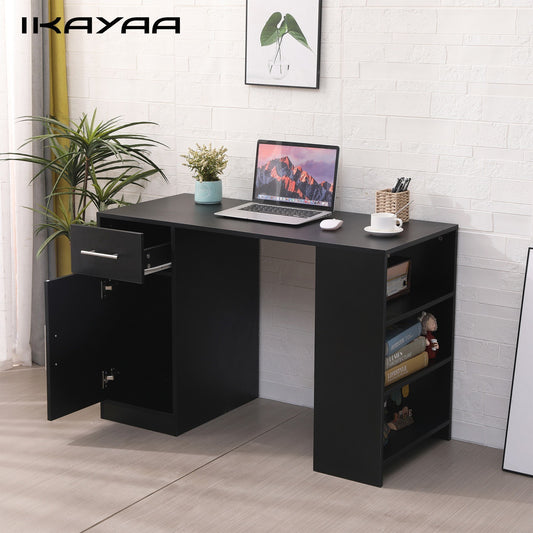 Ikayaa Minimalist Writing Desk with 3-Tier Bookshelves & 2 Drawers for Small Spaces