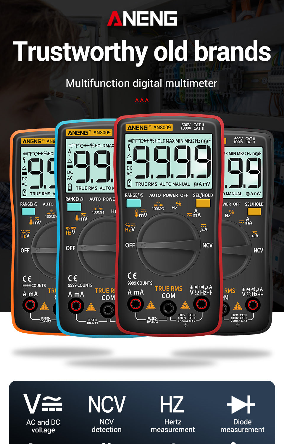 ANENG AN8009 True-RMS Digital Multimeter – Professional Auto-Ranging Tester for Electronics & Automotive